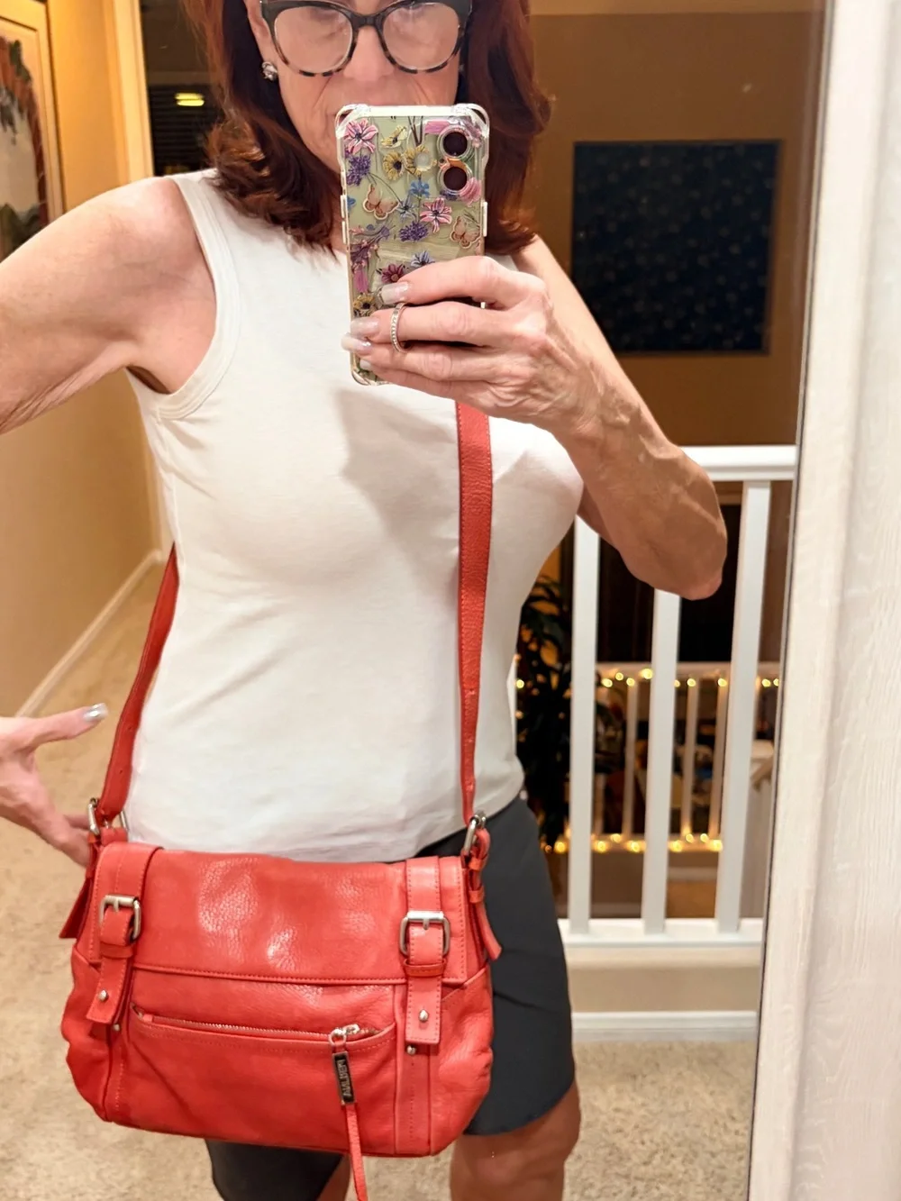 Perlina Coral Pebbled Leather Crossbody Shoulder Bag with Buckle Accents